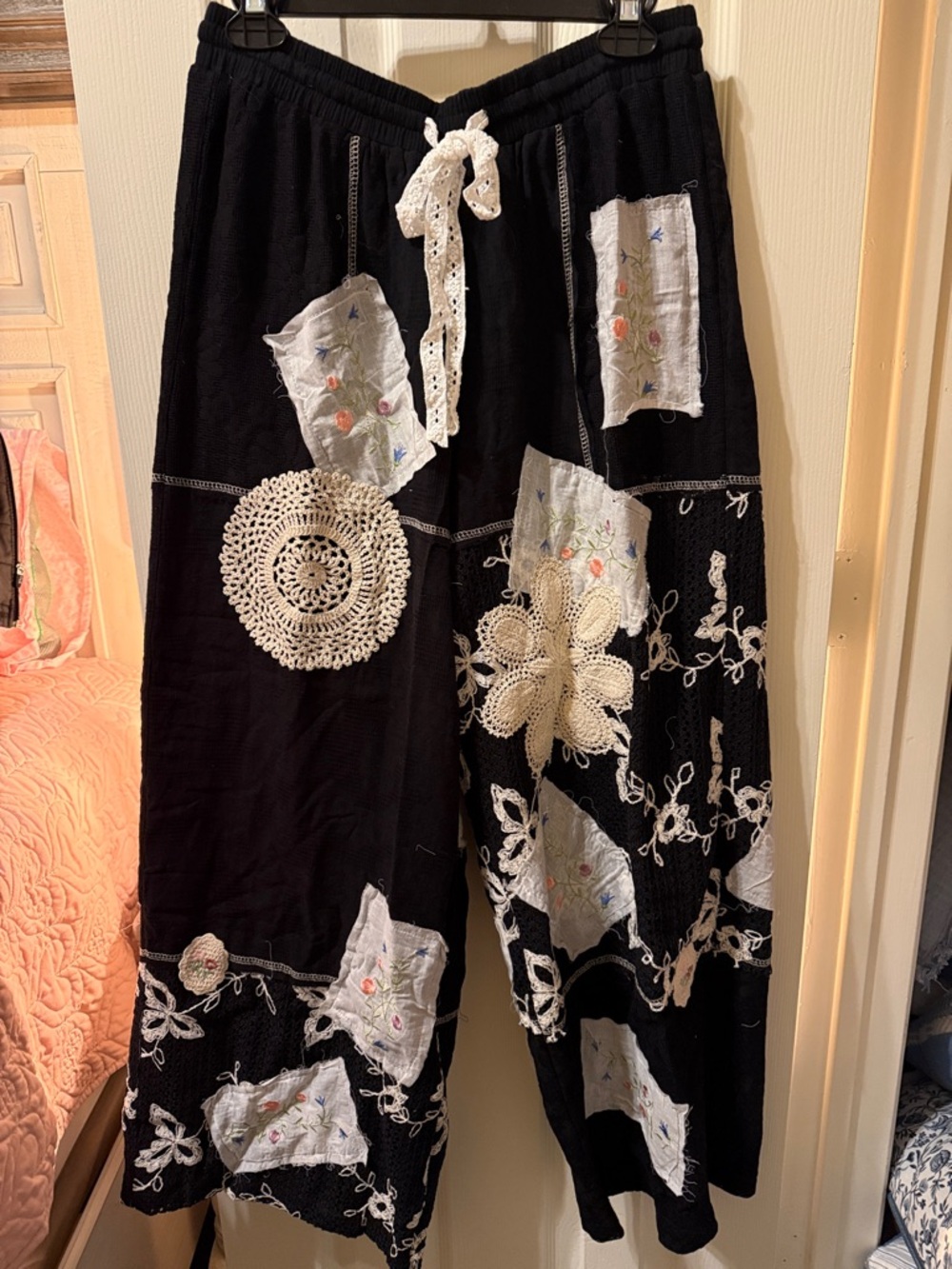 POL Black Wide-Leg Patchwork Pants with Cream Lace Accents